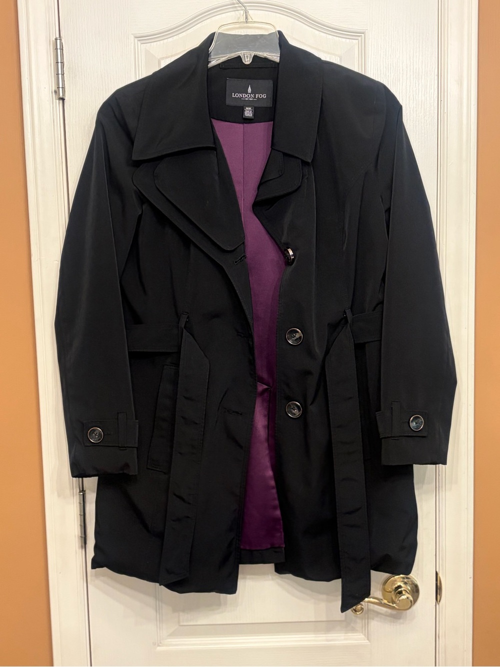 London Fog Black Trench Coat with Purple Lining